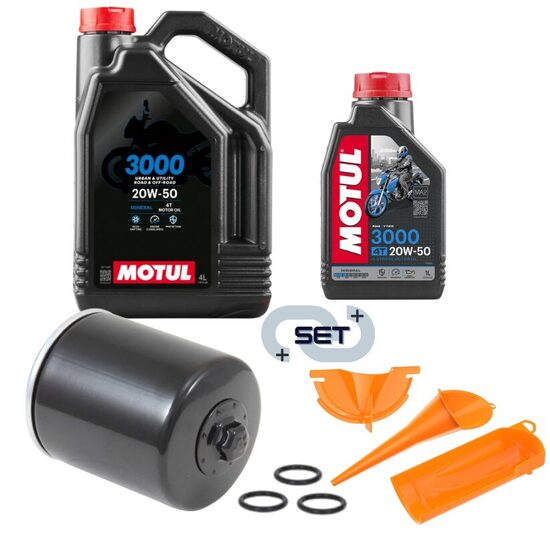 Motul 3000 4T 20W50 5L eļļa ar K&N® premium eļļas filtru (melns) un piltuvju komplektu